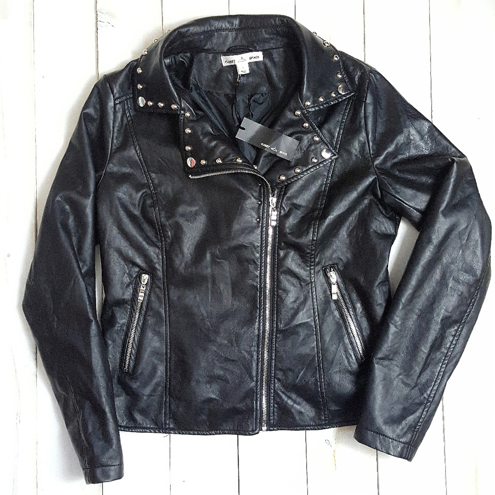 Faux Leather Black Motorcycle Jacket Womens Large